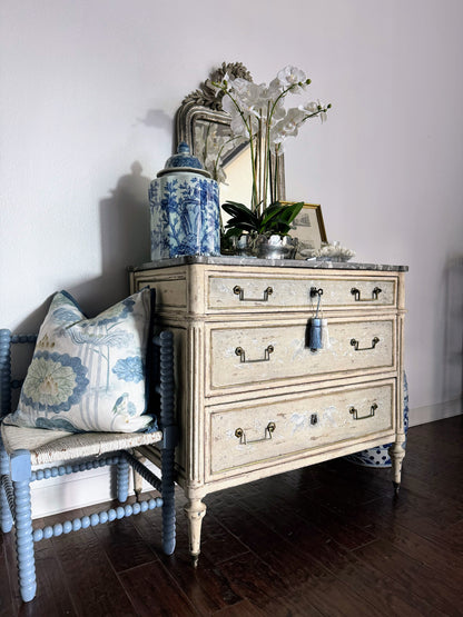 Antique French Louis XVI Black Marble Top Painted Commode