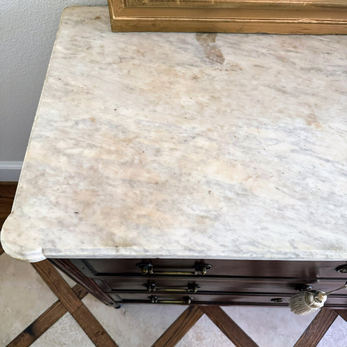 Pair of French Louis XVI Antique White Marble Top Commodes