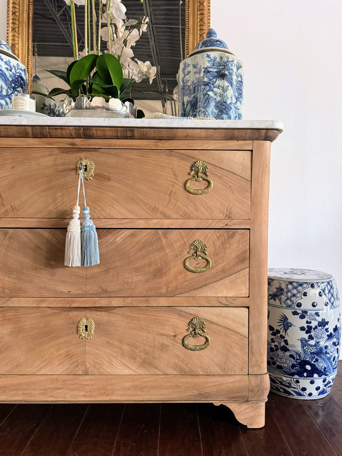 French Louis Philippe White Marble Top Bleached Commode