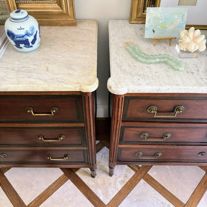 Pair of French Louis XVI Antique White Marble Top Commodes