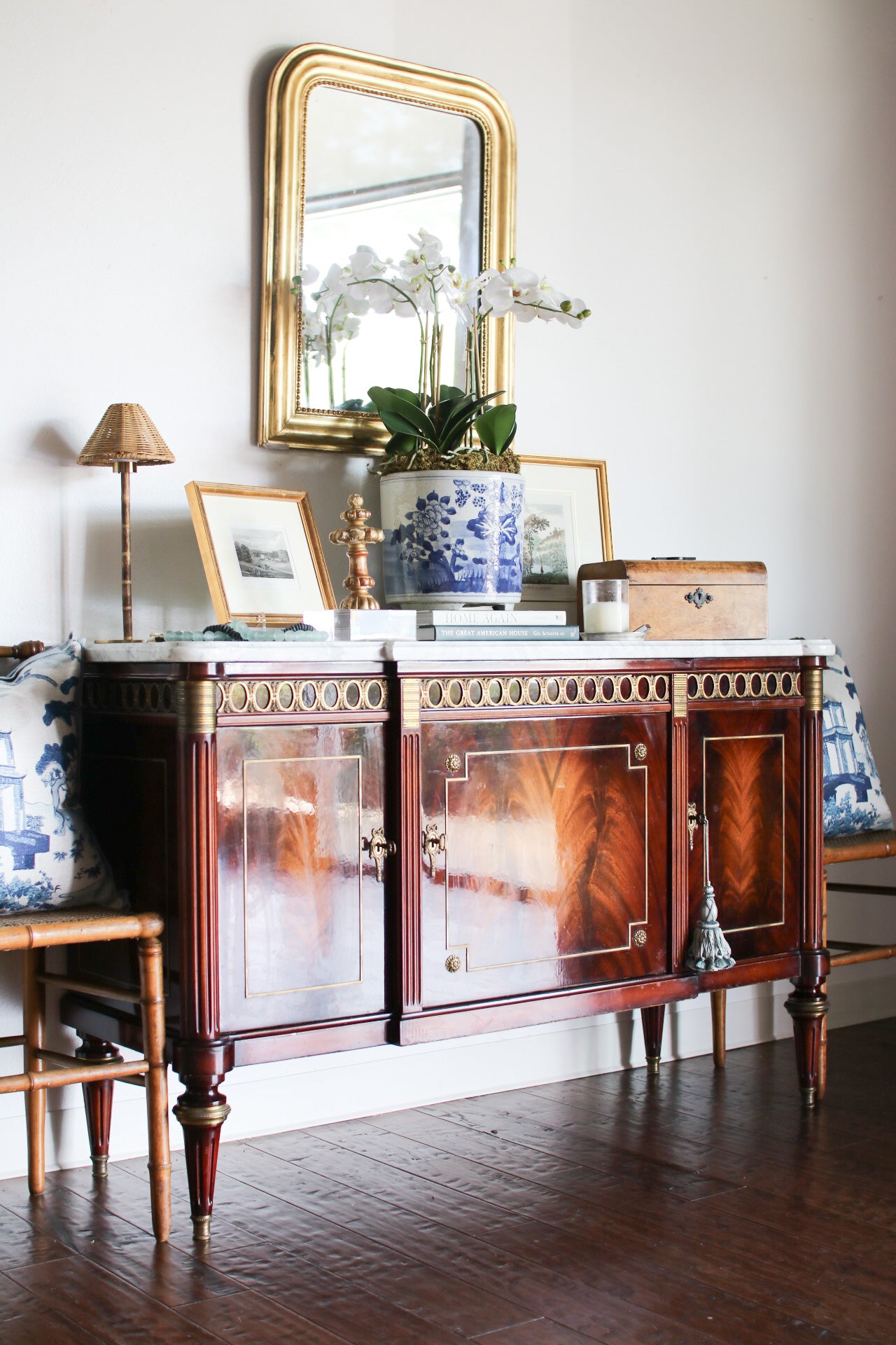 French Louis XVI Flame Mahogany White Marble Top 3 Door Sideboard