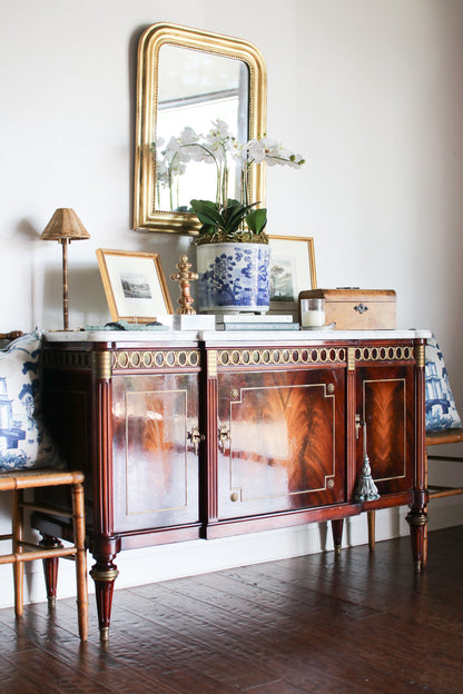 French Louis XVI Flame Mahogany White Marble Top 3 Door Sideboard