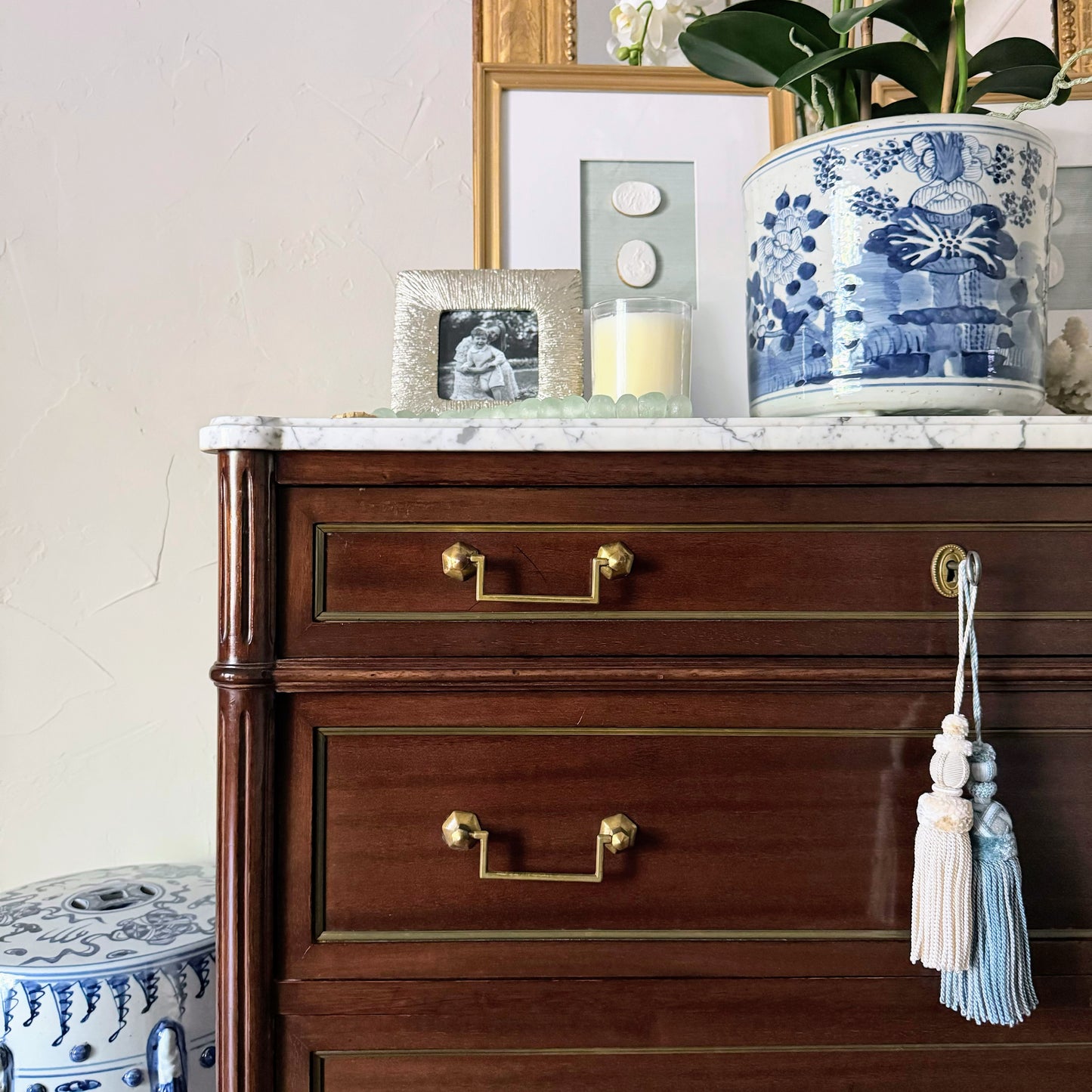 French Louis XVI White Marble Top Commode