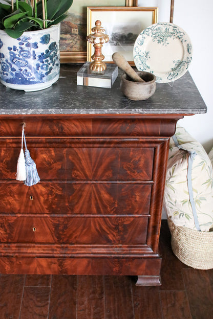 French Louis Philippe Flame Mahogany Grey Marble Top Commode