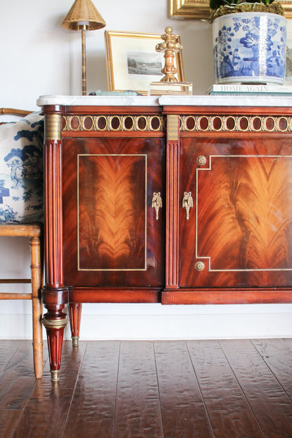 French Louis XVI Flame Mahogany White Marble Top 3 Door Sideboard