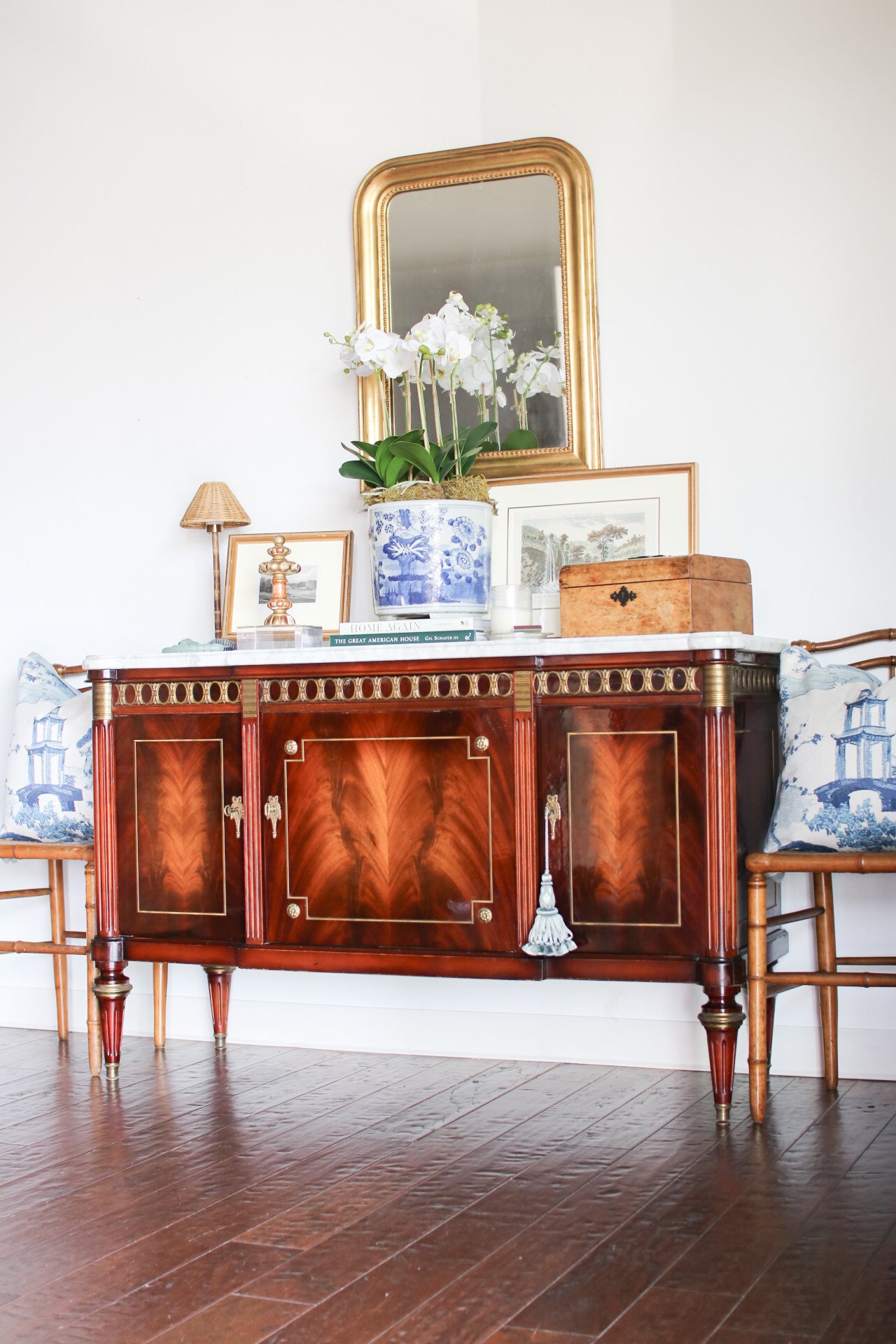 French Louis XVI Flame Mahogany White Marble Top 3 Door Sideboard