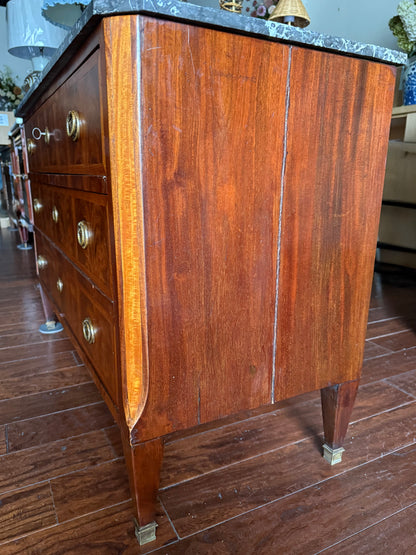 French Louis XVI Flame Mahogany Grey Marble Top Commode