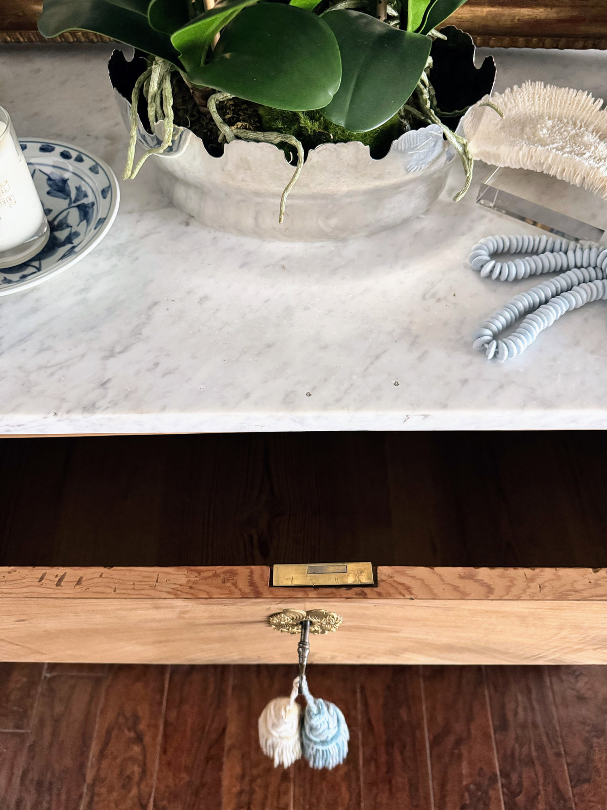 French Louis Philippe White Marble Top Bleached Commode