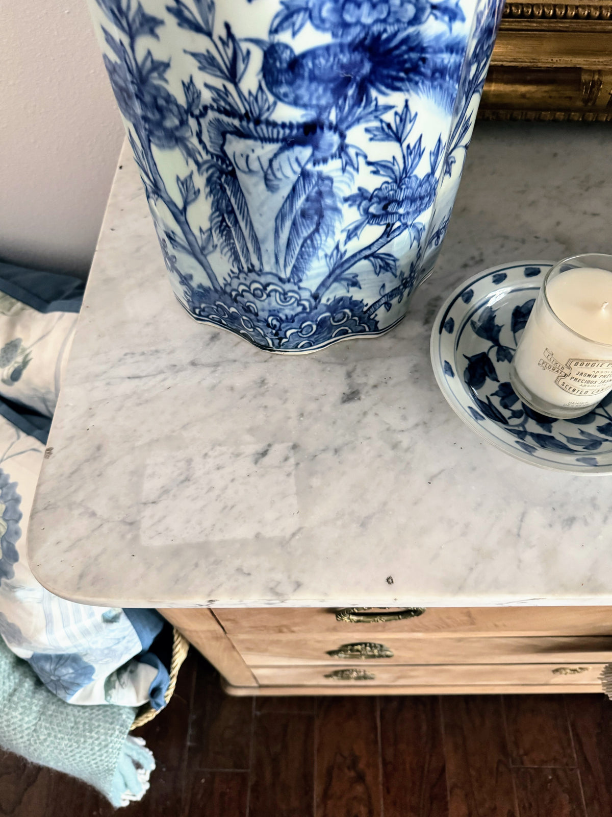French Louis Philippe White Marble Top Bleached Commode