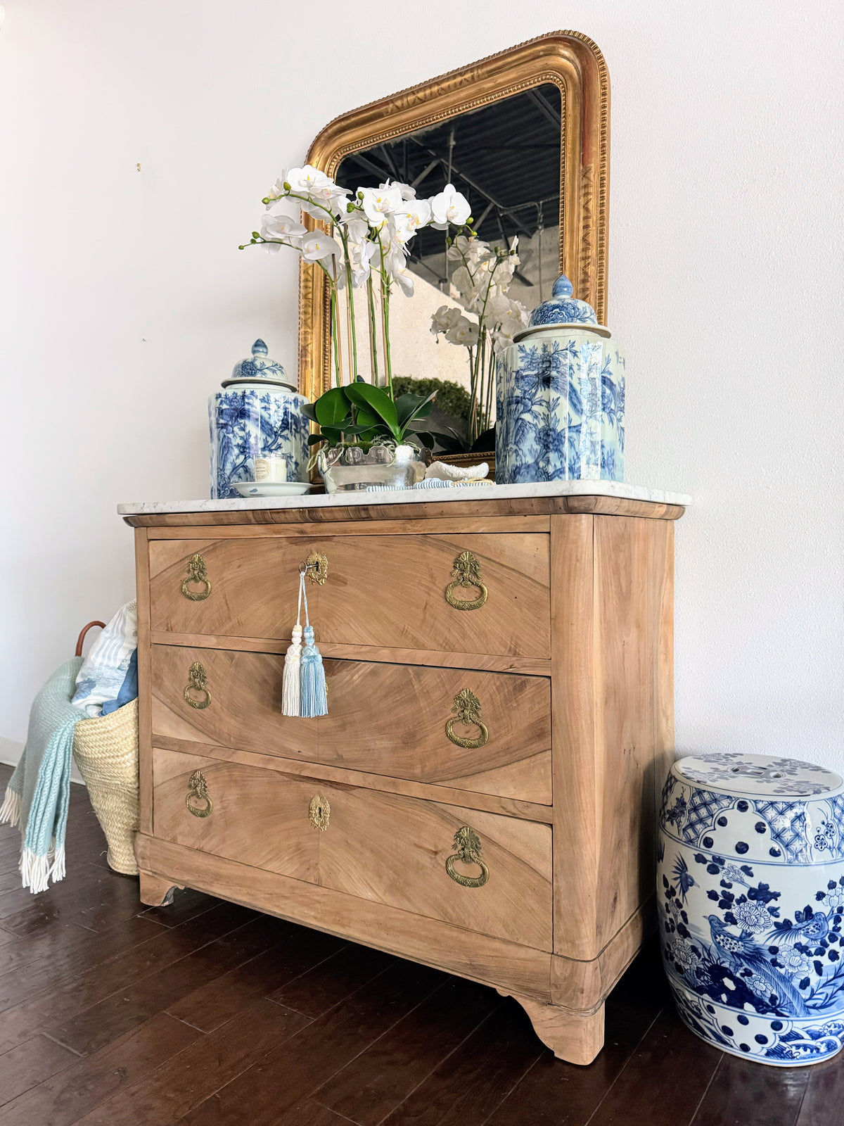 French Louis Philippe White Marble Top Bleached Commode