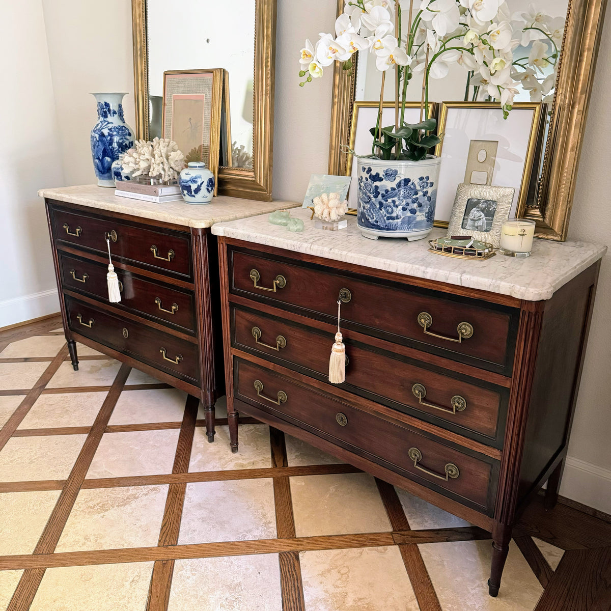 Pair of French Louis XVI Antique White Marble Top Commodes