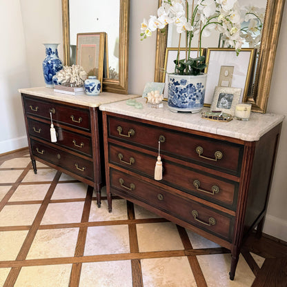 Pair of French Louis XVI Antique White Marble Top Commodes
