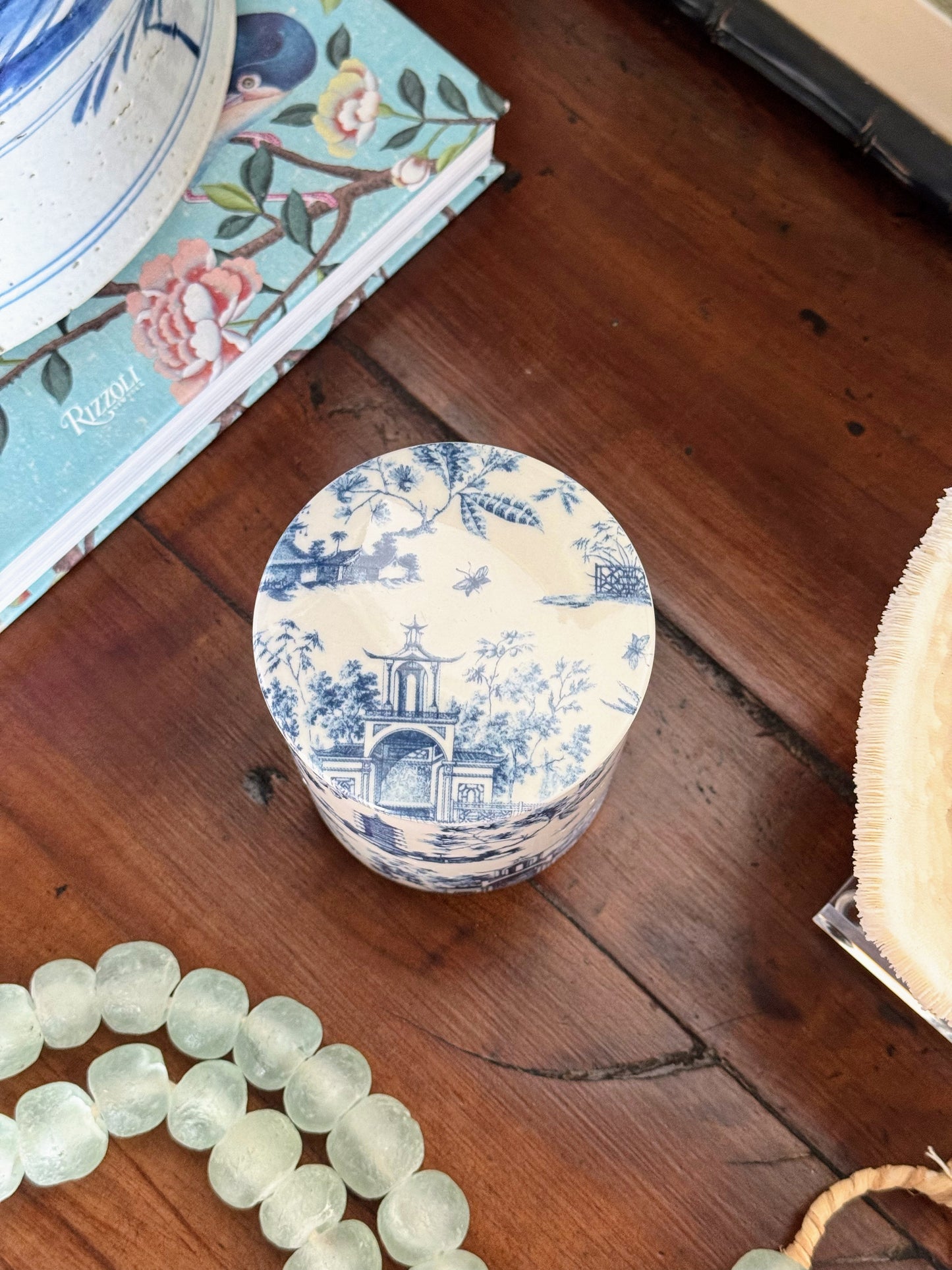 Navy Chinoiserie Toile Pattern Candle