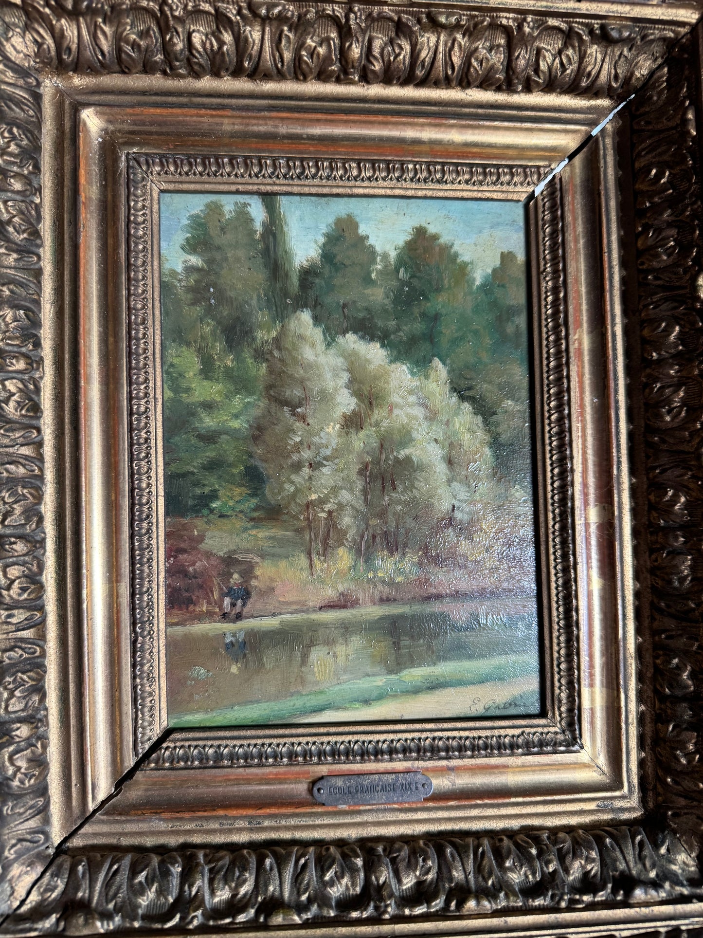 Framed Oil on Board of Fisherman By Pond