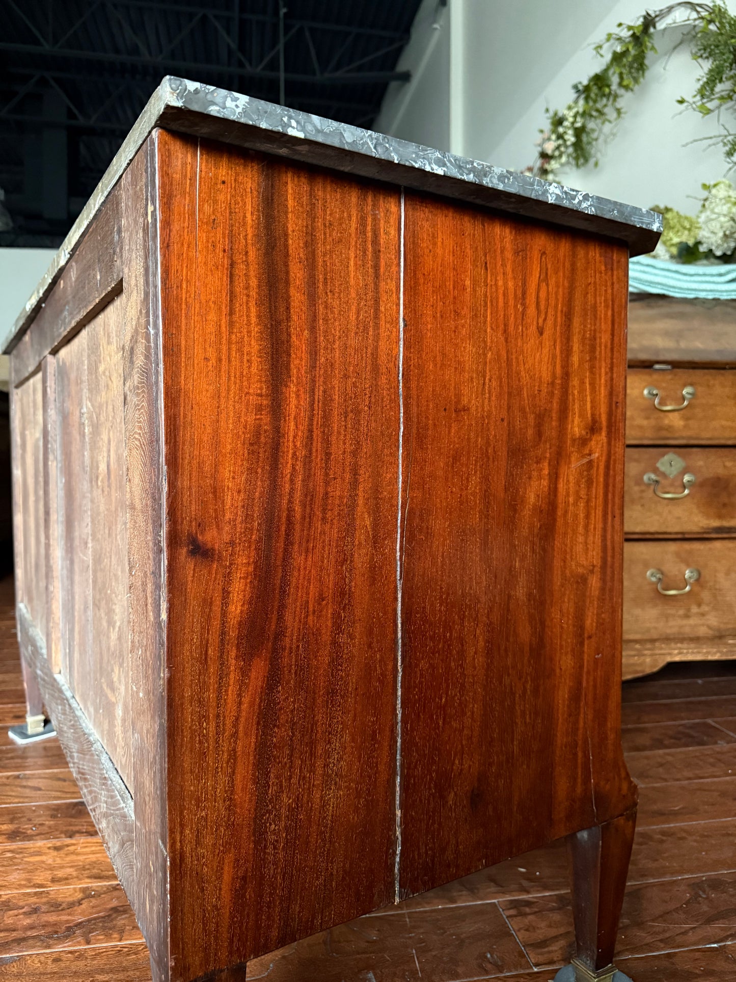 French Louis XVI Flame Mahogany Grey Marble Top Commode