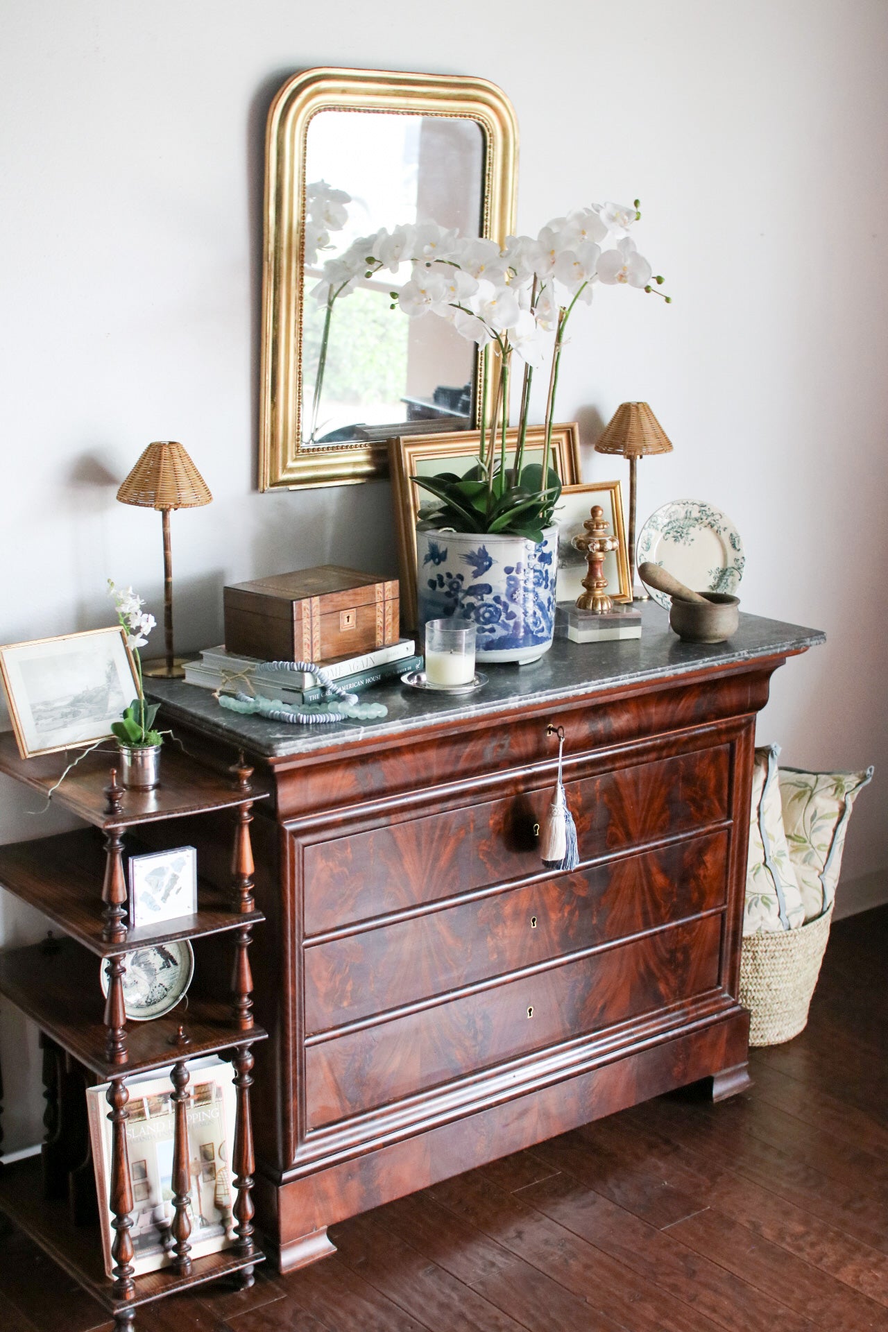 French Louis Philippe Flame Mahogany Grey Marble Top Commode