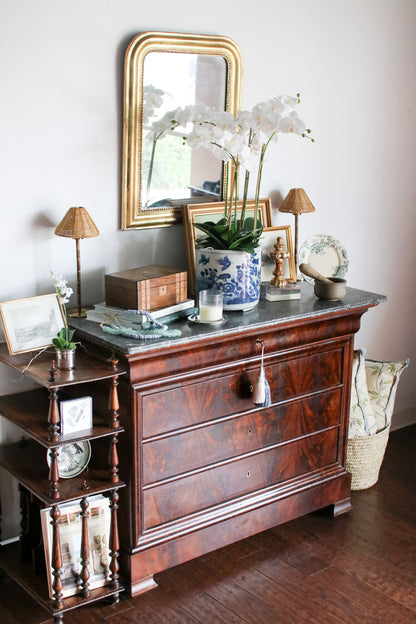 French Louis Philippe Flame Mahogany Grey Marble Top Commode