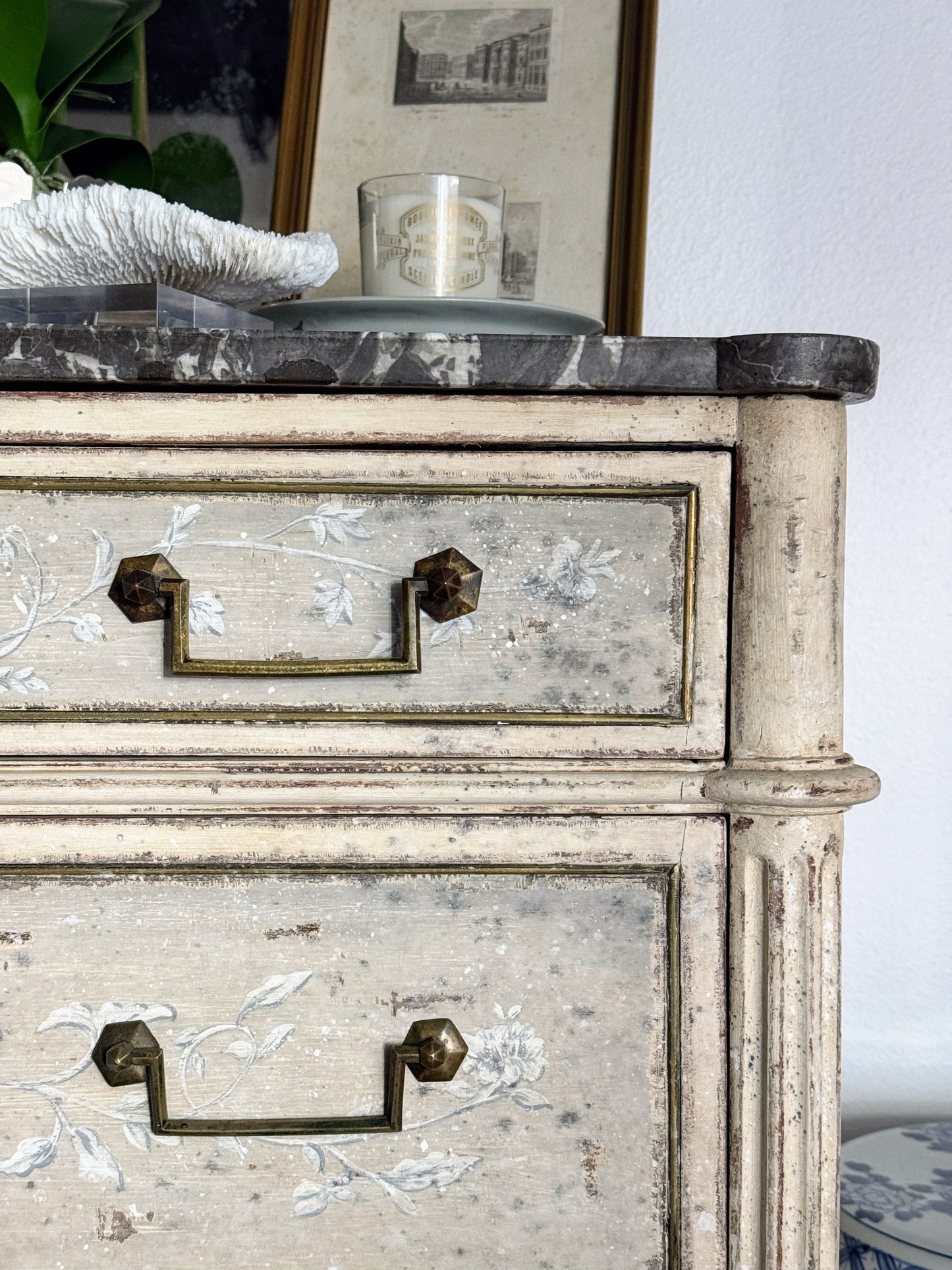 Antique French Louis XVI Black Marble Top Painted Commode