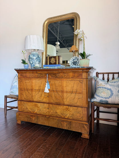 French Louis Philippe Burled Walnut Marble Top Commode