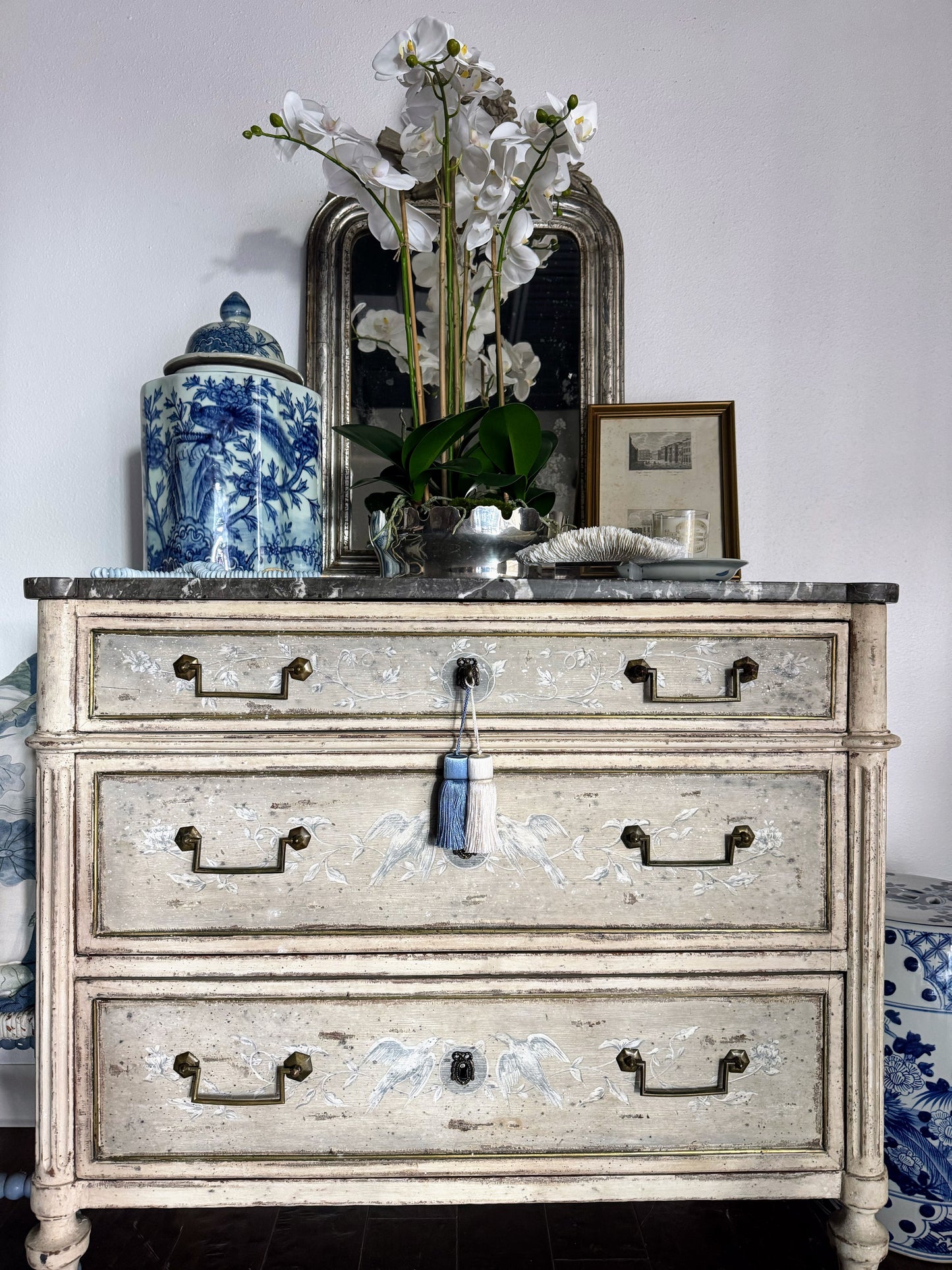 Antique French Louis XVI Black Marble Top Painted Commode