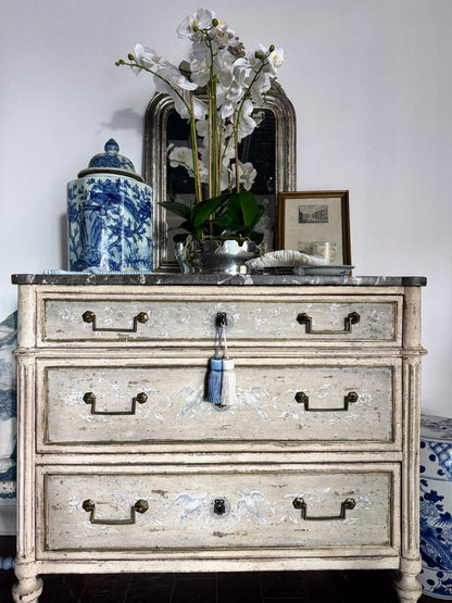 Antique French Louis XVI Black Marble Top Painted Commode