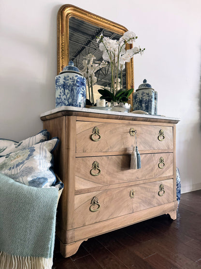 French Louis Philippe White Marble Top Bleached Commode