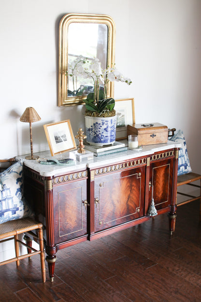 French Louis XVI Flame Mahogany White Marble Top 3 Door Sideboard