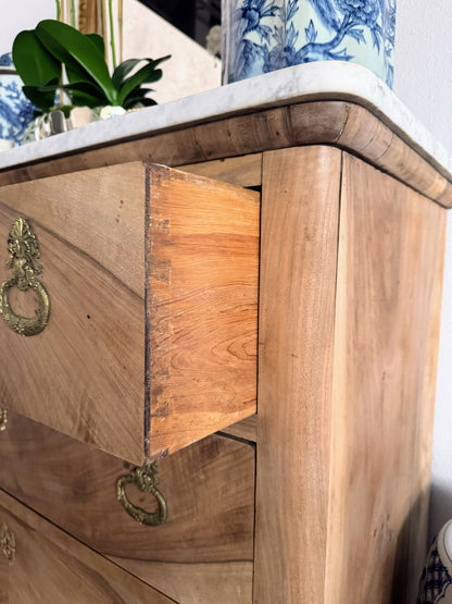 French Louis Philippe White Marble Top Bleached Commode