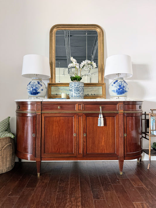 French Louis XVI White Marble Top Demilune Style Buffet