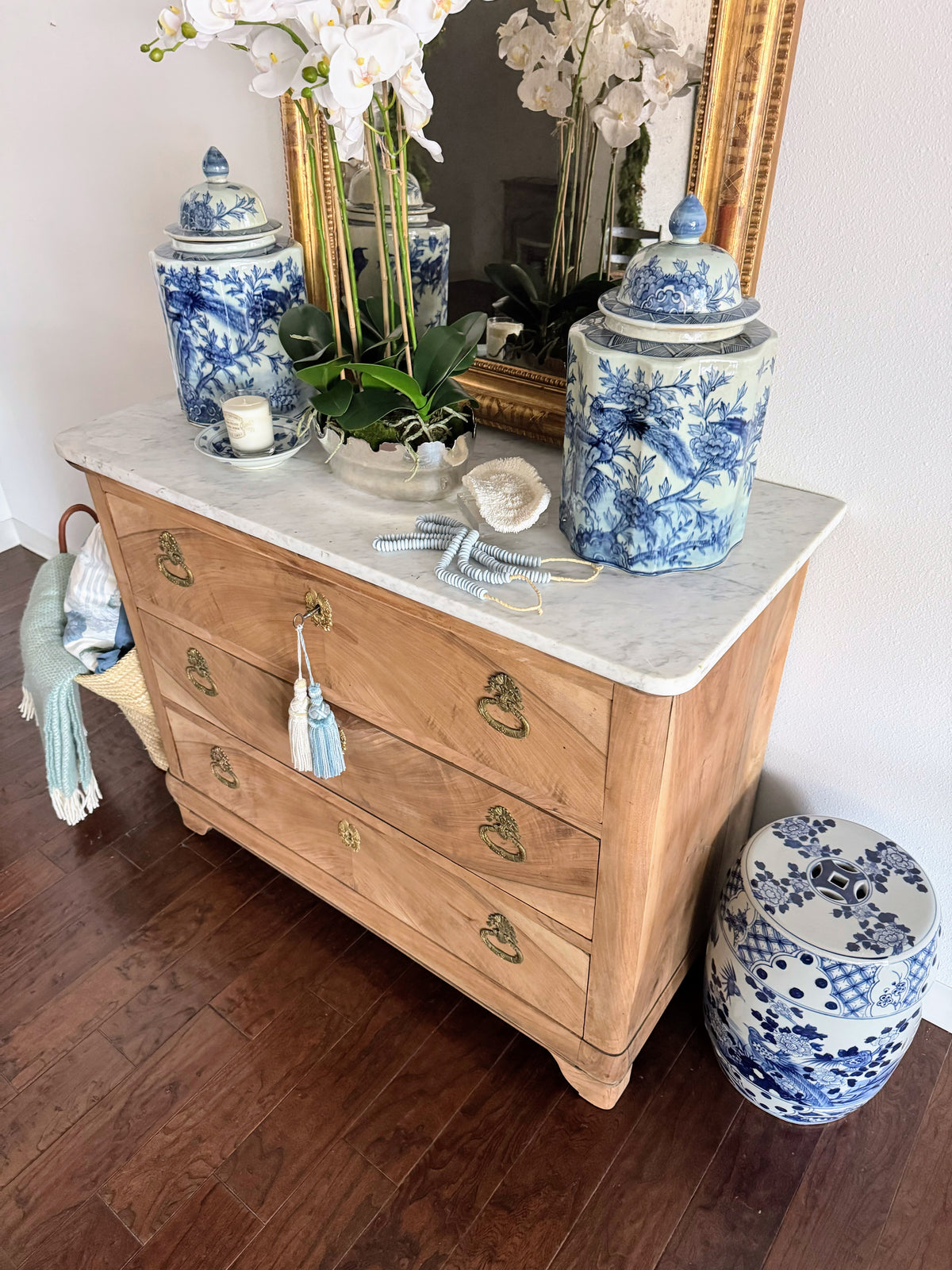 French Louis Philippe White Marble Top Bleached Commode