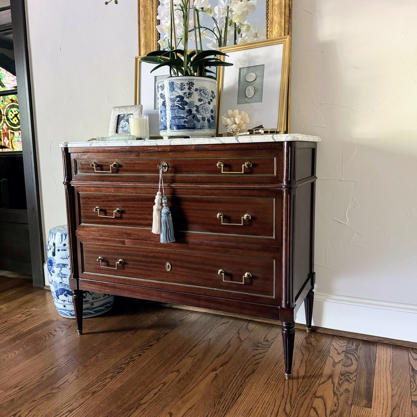 French Louis XVI White Marble Top Commode