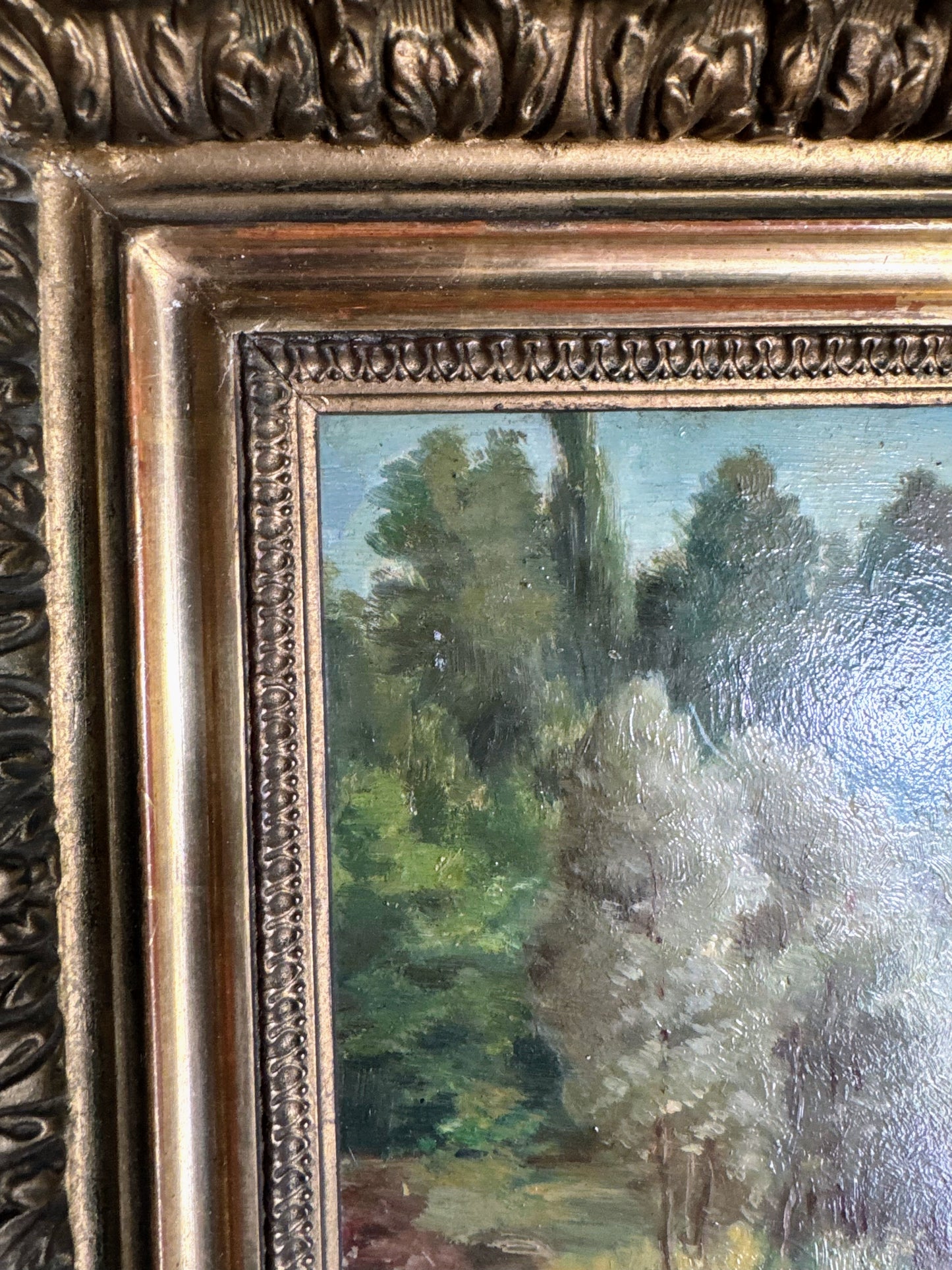 Framed Oil on Board of Fisherman By Pond
