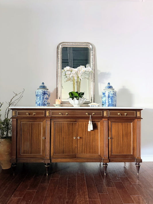 French Louis XVI White Marble Top Four Door Buffet