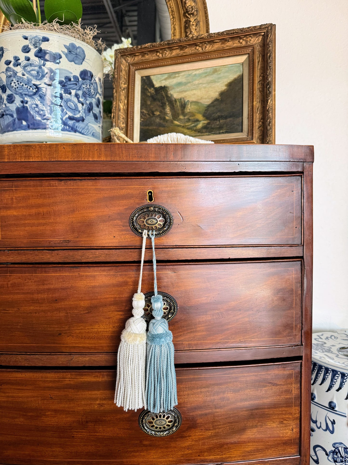 Antique English Bowfront Chest of Drawers with Inlay
