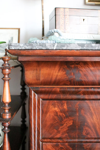 French Louis Philippe Flame Mahogany Grey Marble Top Commode