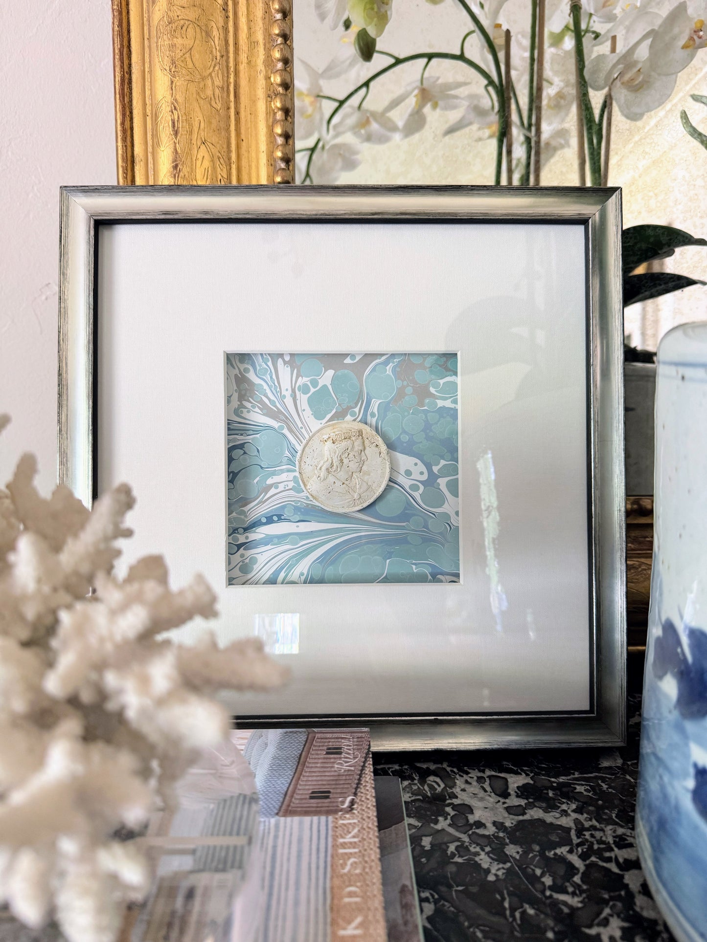 Framed Intaglios Mounted on Marbled Paper