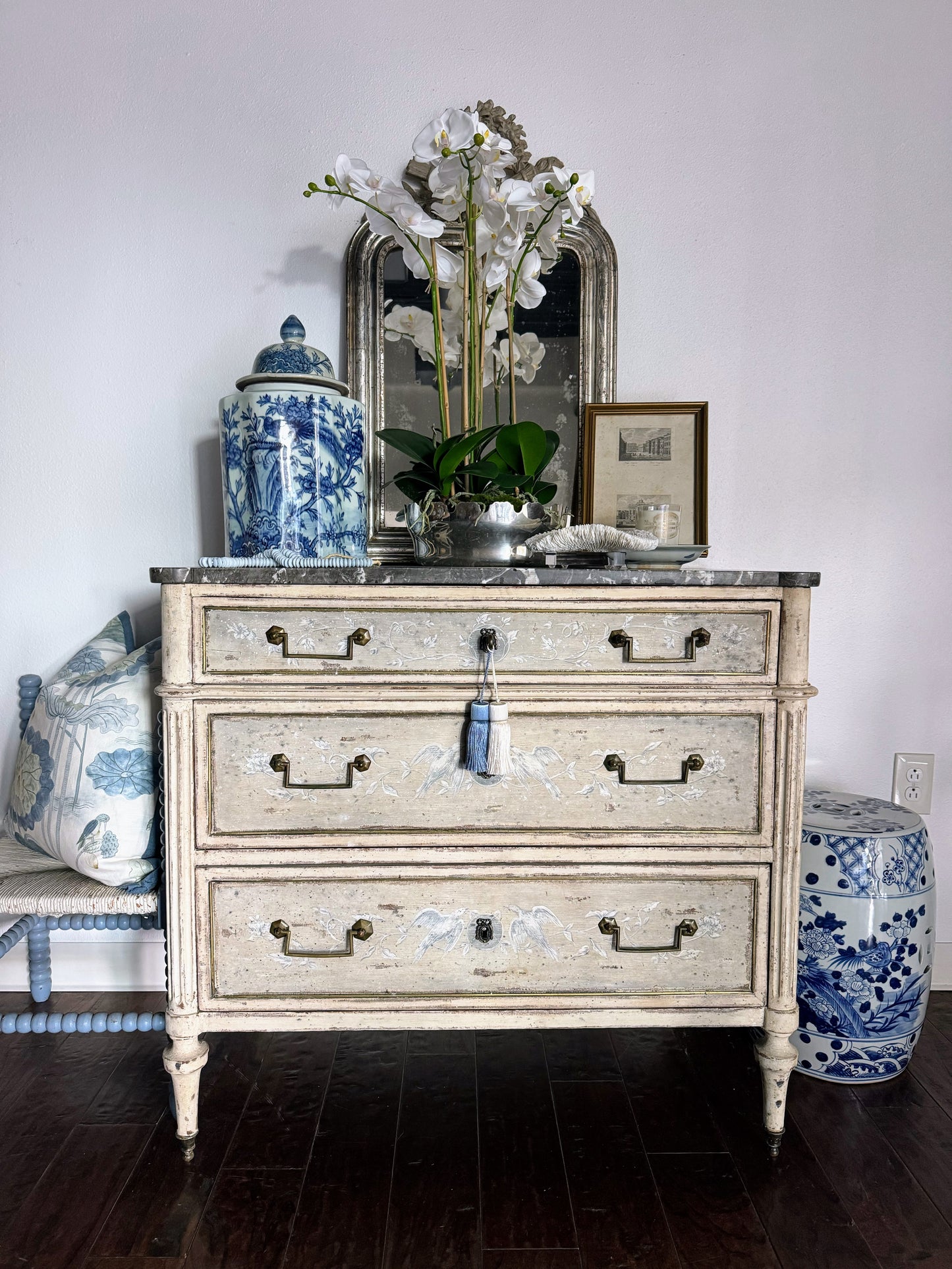 Antique French Louis XVI Black Marble Top Painted Commode