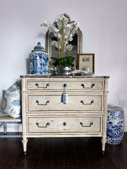 Antique French Louis XVI Black Marble Top Painted Commode