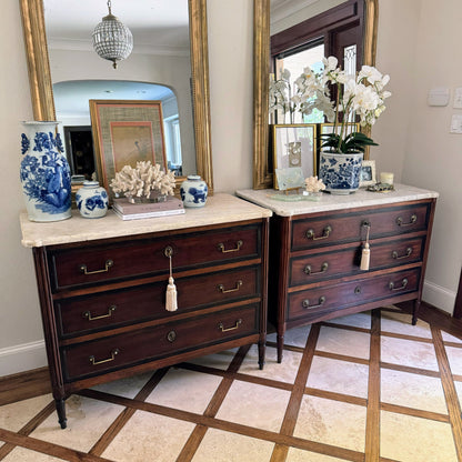 Pair of French Louis XVI Antique White Marble Top Commodes