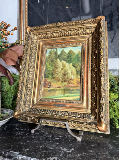 Framed Oil on Board of Fisherman By Pond