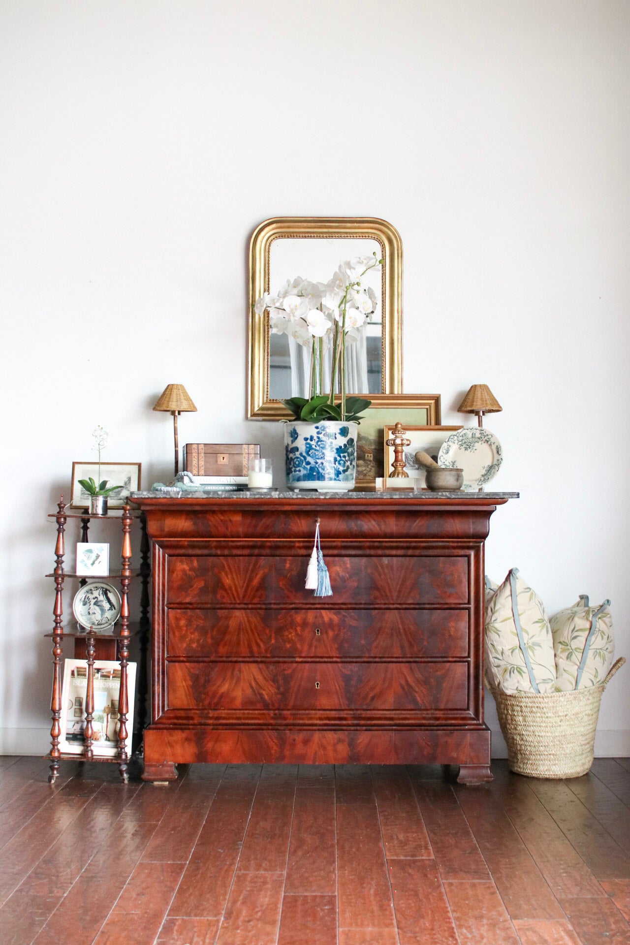 French Louis Philippe Flame Mahogany Grey Marble Top Commode