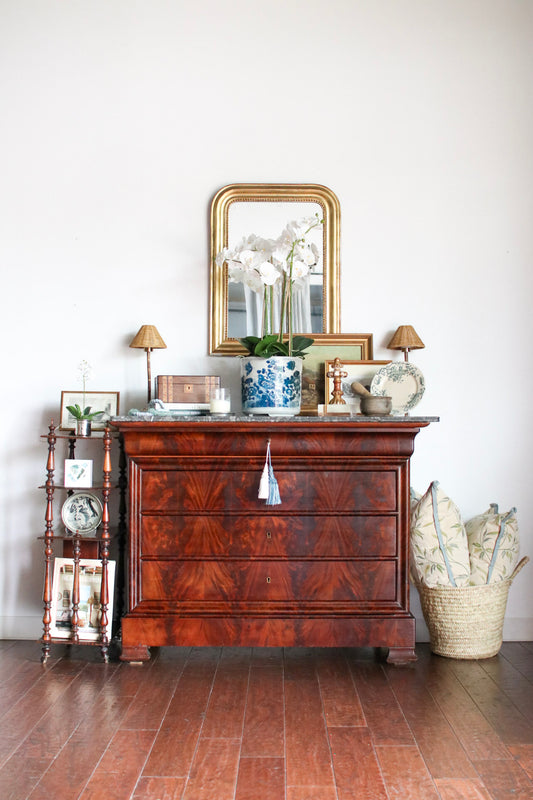 French Louis Philippe Flame Mahogany Grey Marble Top Commode