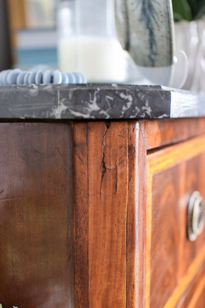 French Louis XVI Flame Mahogany Grey Marble Top Commode